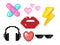 Set of pixel , flash,headphone, , mouth , hearts on whitebackground