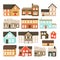 Set of pixel houses isolated on white background. Graphics for games. 8 bit. Vector illustration in pixel art style