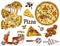 Set of pizza with cheese. Yummy italian vegetarian food with tomatoes, Seafood and olives. Ingredients for cooking and