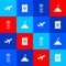 Set Plane, Barrel oil, Contactless payment and Mountains and flag icon. Vector