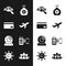 Set Plane, Credit card, Magnifying glass for search people, Bioengineering, Web camera and POS terminal icon. Vector