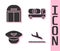 Set Plane landing, Aircraft hangar, Pilot hat and Fuel tanker truck icon. Vector