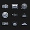 Set Plane, Sunset, Mountains, Globe with flying plane, Travel ticket, Compass, and Photo camera icon. Vector