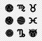 Set Planet Earth, Virgo zodiac, Taurus, Solar system, Capricorn, Tiger, Moon and Jupiter icon. Vector