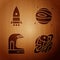 Set Planet Saturn, Rocket ship, Astronaut helmet and Planet Venus on wooden background. Vector