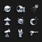 Set Planet, Vulcan salute, Ray gun, Moon and stars, Telescope, UFO flying spaceship, Satellite and icon. Vector