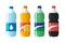 Set of plastic bottle of water and sweet soda cola, sprite, fantasy orange soda. Flat vector soda icons illustration