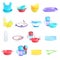 Set of plastic dishware for baby food on background