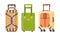 Set of plastic, metal and leather suitcases, luggage cases.