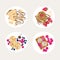 Set of plates with beautiful breakfasts. Sweet classic breakfast with berries. Pancakes, Belgian waffles with different toppings