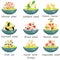 Set of plates with various world cuisine salads color flat icons