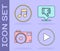 Set Play in circle, Music note, tone, Photo camera and Dislike in speech bubble icon. Vector