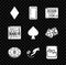 Set Playing card with diamonds symbol, back, Online poker table game, Casino chip dollar, Human hand throwing dice