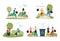 Set for Plogging challenge concept with cartoon characters picking up garbage or trash, flat vector illustration