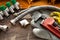 Set of plumbing and tools on the wooden table