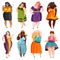 Set of plump pretty women in different elegant dresses isolated