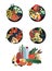 Set of poke bowls. Healthy food from natural products. Vector cartoon flat illustration.