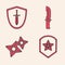 Set Police badge, Medieval shield with sword, Military knife and Japanese ninja shuriken icon. Vector