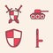Set Police rubber baton, Medieval shield with crossed swords, Military tank and Shield icon. Vector