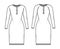 Set of Polo dress Sweaters technical fashion illustration with rib henley neck, classic collar, long raglan sleeves