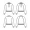 Set of Polo Sweaters cropped technical fashion illustration with henley neck, classic collar, raglan sleeves, oversized