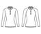 Set of Polo Sweaters technical fashion illustration with rib henley neck, classic collar, long raglan sleeve fitted body