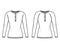 Set of Polo Sweaters technical fashion illustration with rib henley neck, classic collar, long raglan sleeves, slim fit