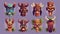 Set of polynesian traditional statues, ancient wood tikki masks isolated on purple background, showing hawaiian tribal