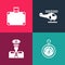 Set pop art Barometer, Pilot, Helicopter and Suitcase icon. Vector