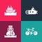 Set pop art Bicycle, Cargo ship, Submarine and Cruise icon. Vector