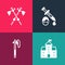 Set pop art Castle, fortress, Medieval axe, Sword with blood and Crossed medieval axes icon. Vector