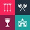 Set pop art Castle, fortress, Medieval goblet, Crossed medieval axes and arrows icon. Vector