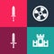 Set pop art Castle, fortress, Medieval sword, Round wooden shield and icon. Vector