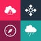 Set pop art Cloud with rain, Compass, Snowflake and Storm warning icon. Vector