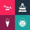 Set pop art Clown head, Ice cream in waffle cone, Boat swing and Seesaw icon. Vector