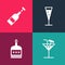 Set pop art Cocktail, Alcohol drink Rum bottle, Glass of champagne and Opened wine icon. Vector