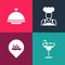 Set pop art Cocktail, Location with cruise ship, Cook and Covered tray icon. Vector