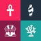 Set pop art Coral, Sphinx, Egypt mummy and Cross ankh icon. Vector