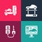 Set pop art Diagnostics condition of car, Car key with remote, Repair lift and transporter truck icon. Vector