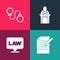 Set pop art Document and pen, Location law, Judge and Handcuffs icon. Vector