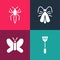 Set pop art Fly swatter, Butterfly, Clothes moth and Spider icon. Vector