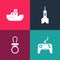 Set pop art Gamepad, Baby dummy pacifier, Dart arrow and Toy boat icon. Vector