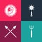 Set pop art Garden pitchfork, Crossed medieval spears, Medieval chained mace ball and Ancient coin icon. Vector