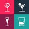 Set pop art Glass of vodka, champagne, Martini glass and Cocktail icon. Vector