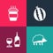 Set pop art Hedgehog, Wine bottle with glass, Watermelon and Coffee cup to go icon. Vector
