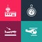 Set pop art Helicopter, Plane landing, Barometer and Airport control tower icon. Vector