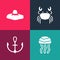 Set pop art Jellyfish, Anchor, Crab and Elegant women hat icon. Vector