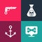 Set pop art Location pirate, Anchor, Pirate coin and Vintage pistols icon. Vector