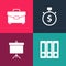 Set pop art Office folders, Chalkboard with diagram, Time is money and Briefcase icon. Vector