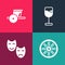 Set pop art Old wooden wheel, Comedy and tragedy masks, Wine glass and Ancient chariot icon. Vector